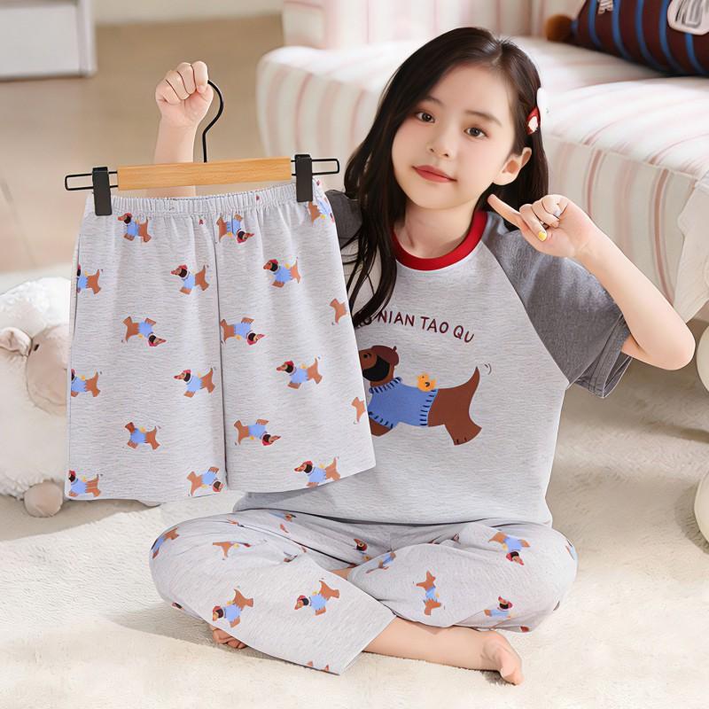 2026 Cotton Pajama Set Girls Short Sleeve Thin Sleepwear Sweet Cartoon Print Kids Home Outfit
