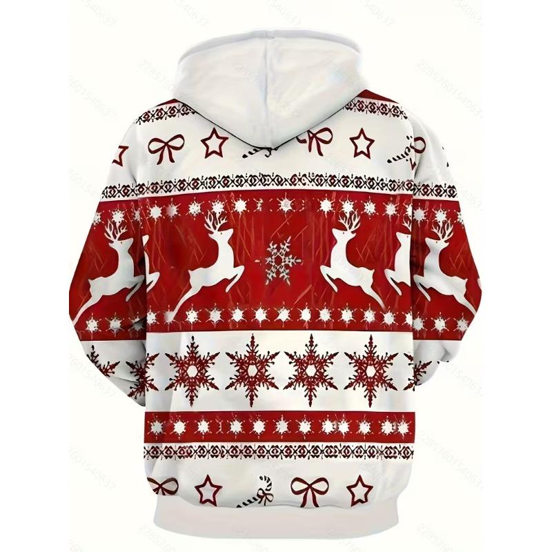 Módní pánská vánoční mikina s kapucí a stahovací šňůrkou z polyesterové tkaniny pro sváteční nošení s dlouhým rukávem a 3D potiskem