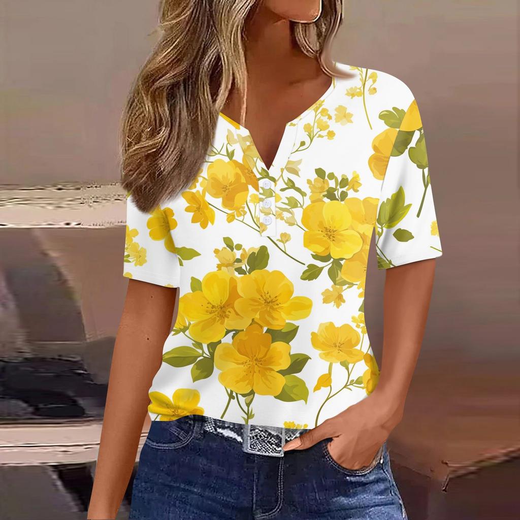Damen T-Shirt mit Aufdruck und Knopfleiste, kurzärmelig, für den Alltag, Wochenende, modisch, Basic, V-Ausschnitt, normales Oberteil