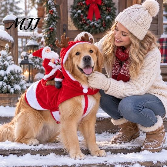 Pet Christmas Photo Props Santa Riding Dog Costume, Rider Outfit, Hooded Funny Holiday Costume for Winter Cosplay Small Medium Large Dogs, Xmas Party