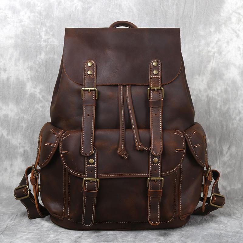 Retro Leather Men's Backpack Top Layer Cowhide Travel Backpack Large Capacity School Bag Crazy Horse Leather Laptop Bag NZPJ