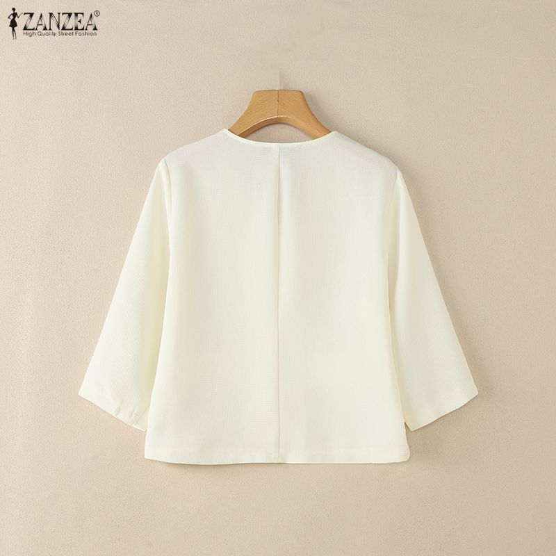 ZANZEA Blusa casual de manga 3/4 de color sólido con cuello en V para mujer
