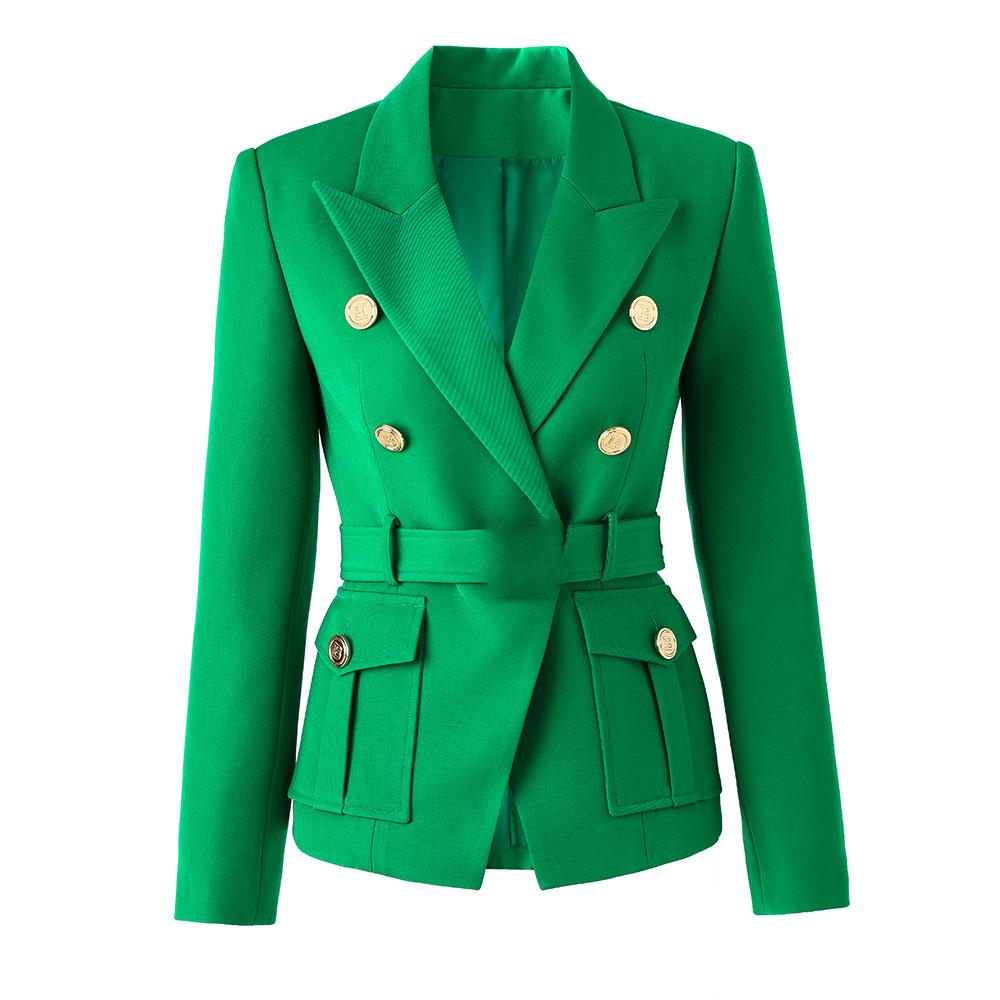 Blazer da Ufficio Stile Classico Bianco Nero da Donna con Tasche e Cintura