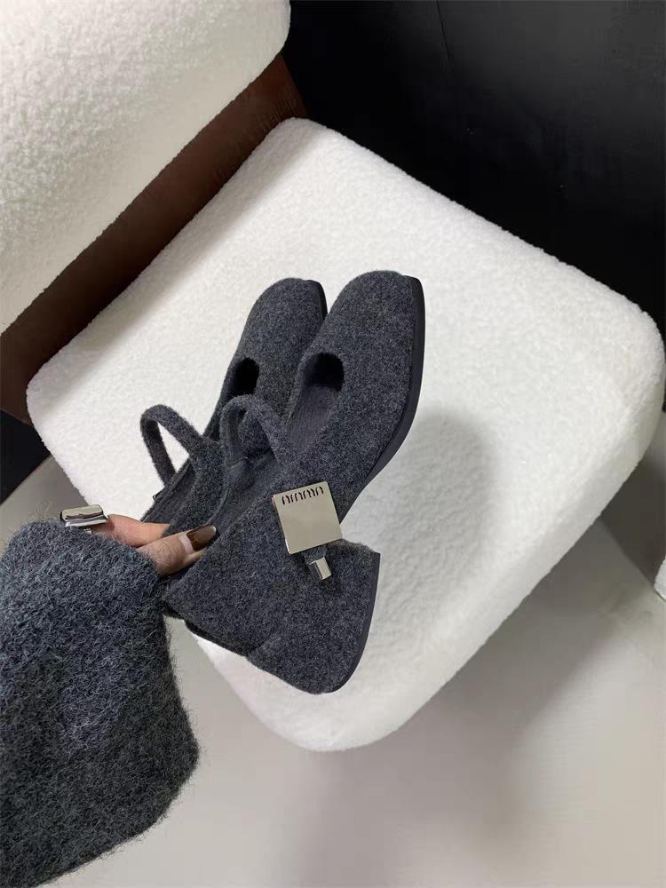 

[youshilai] Square head woolen thick heel single shoes women s high heels French temperament shallow mouth Mary Jane shoes women 40