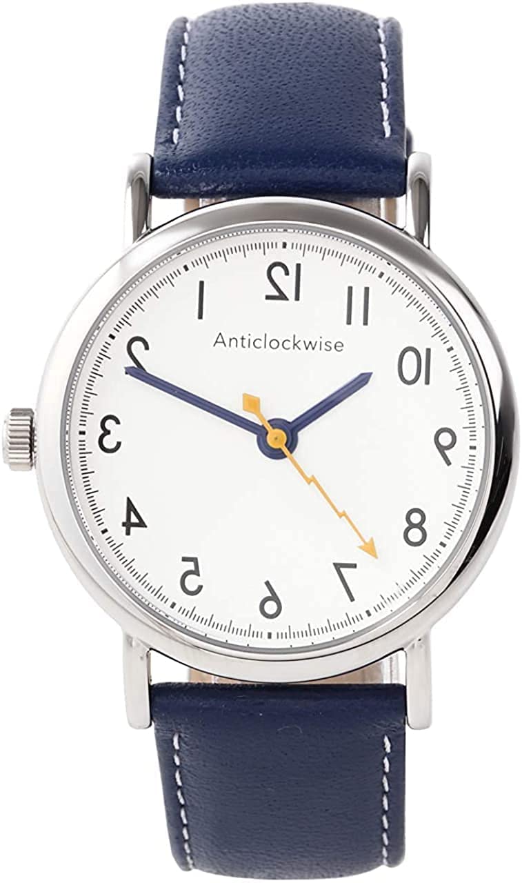 

Reverse rotating Japanese blue genuine leather strap [Anti-Clockwise] watch, quartz, (white dial) белый