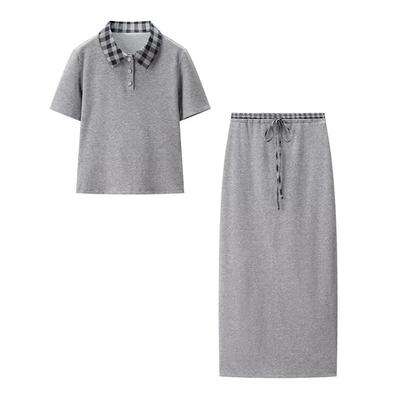 Women's Fitted Two Piece Skirt Set Short Sleeve Polo Top Mid Waist Midi Skirt Fall Casual Matching Suit