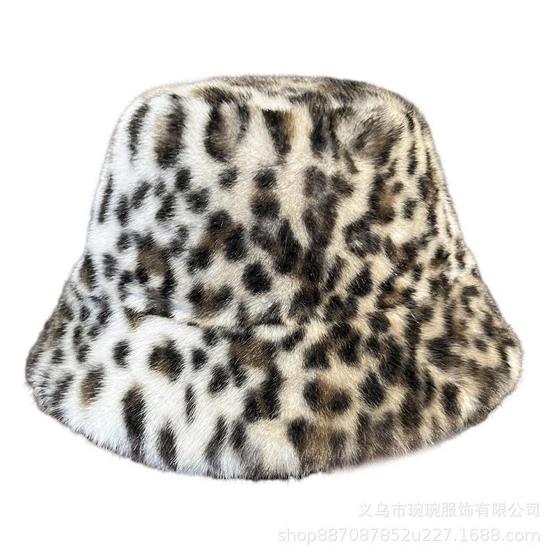 Leopard print winter thickened fluffy basin hat warm women's autumn and winter fashion versatile leopard print imperial sister plush bucket hat