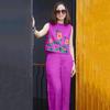 2 Pcs/Set Women Top Pants Set Flower Printing Elastic Waist Casual Sleeveless Loose Daily Wear Round Neck Plus Size Lady Vest