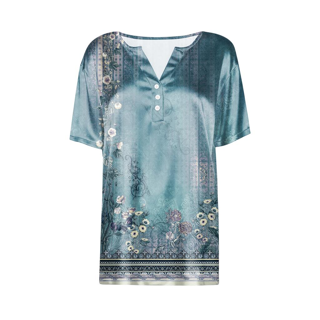 Women's Fashion Casual Retro Print  Collar Short Sleeve Button T-Shirt Top