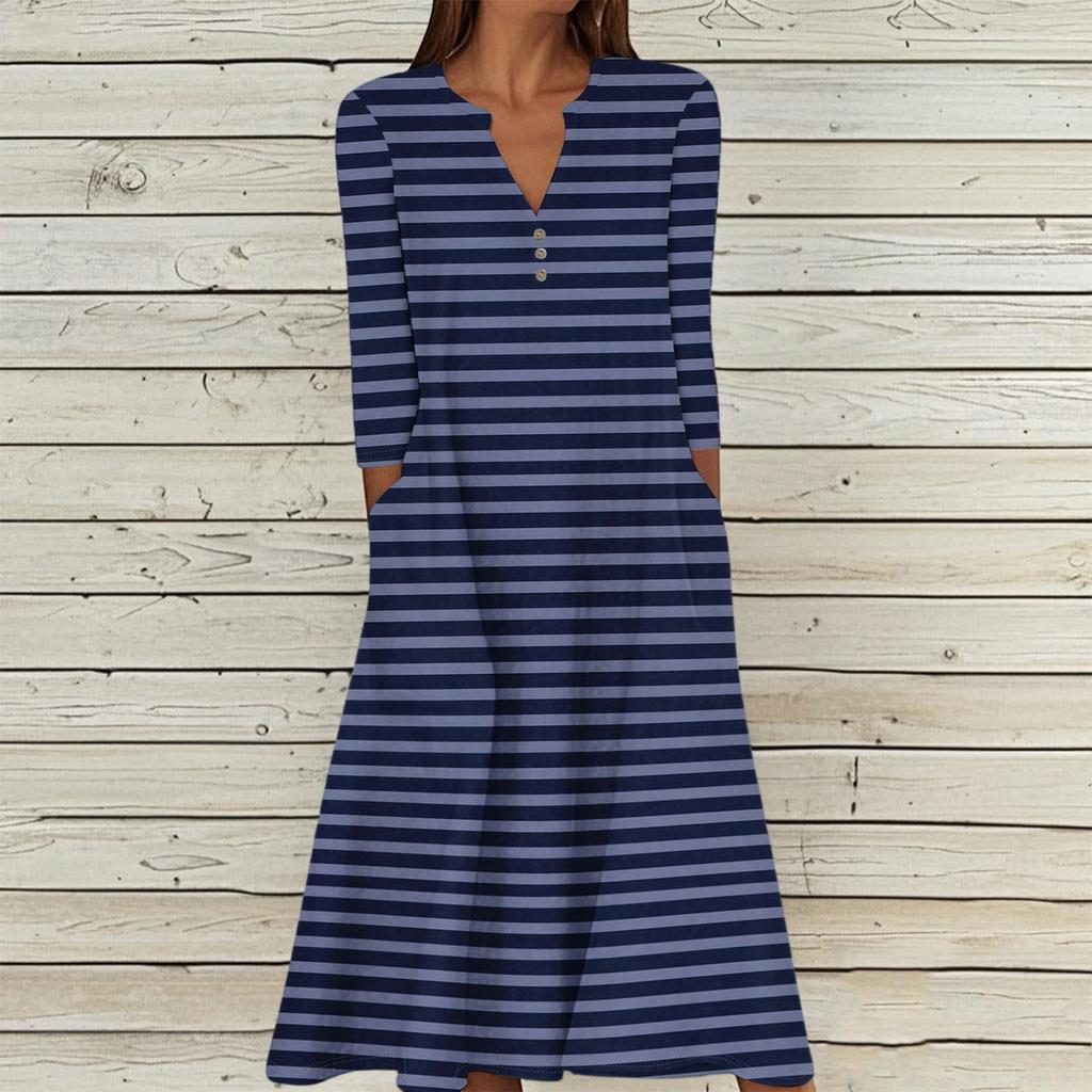 Women's Summer Casual V-Neck Button Stripe Printed Three-quarter Sleeve Long Dress With Pockets