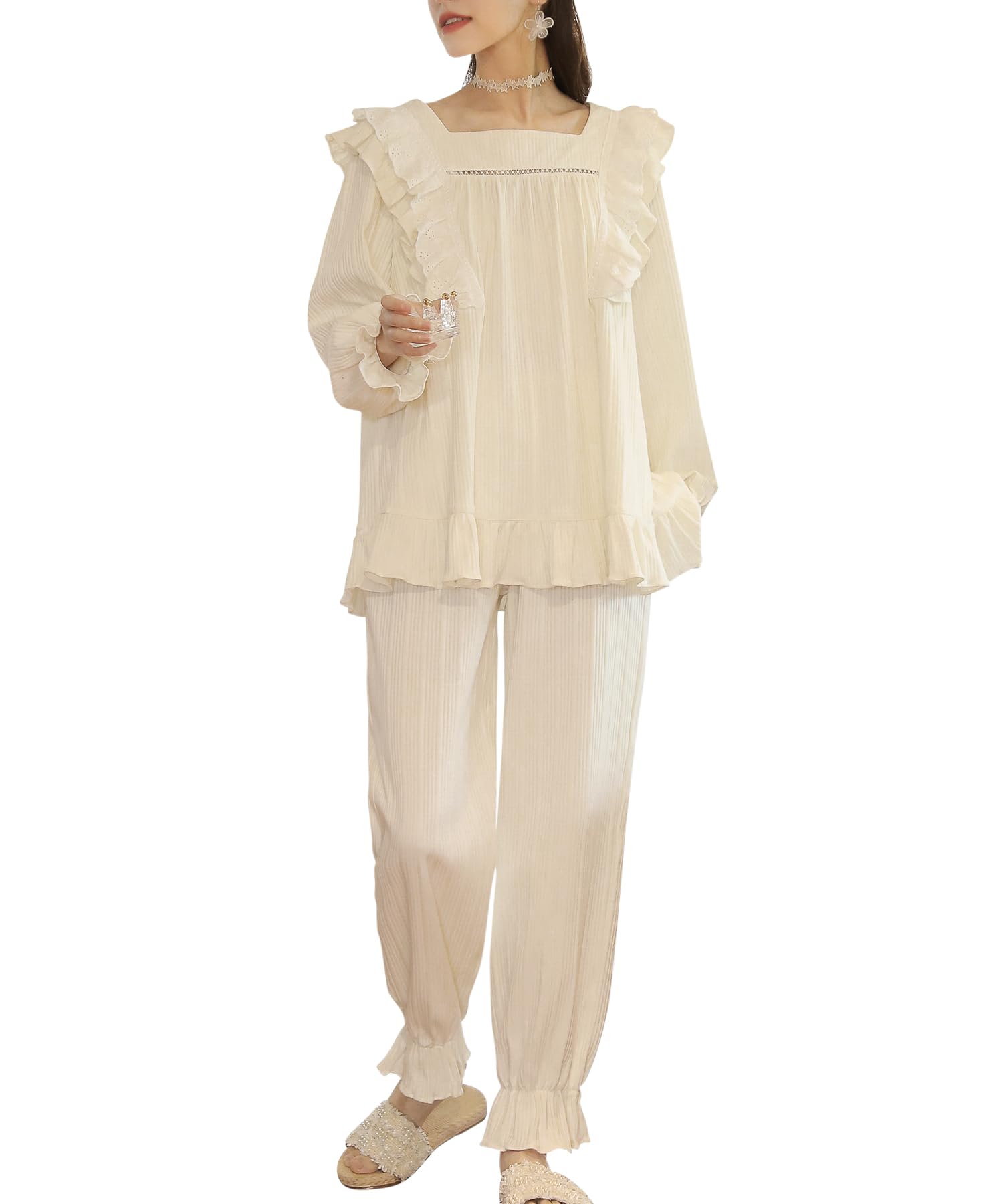 

BAJAOEY Пижама Длинная Легкая Плиссированное Кружево Милая и Повседневная Одежда для Дома Женский Комплект, 100% Хлопок, Рукав, Домашняя Одежда, Пижама, Мягкая, Женская,