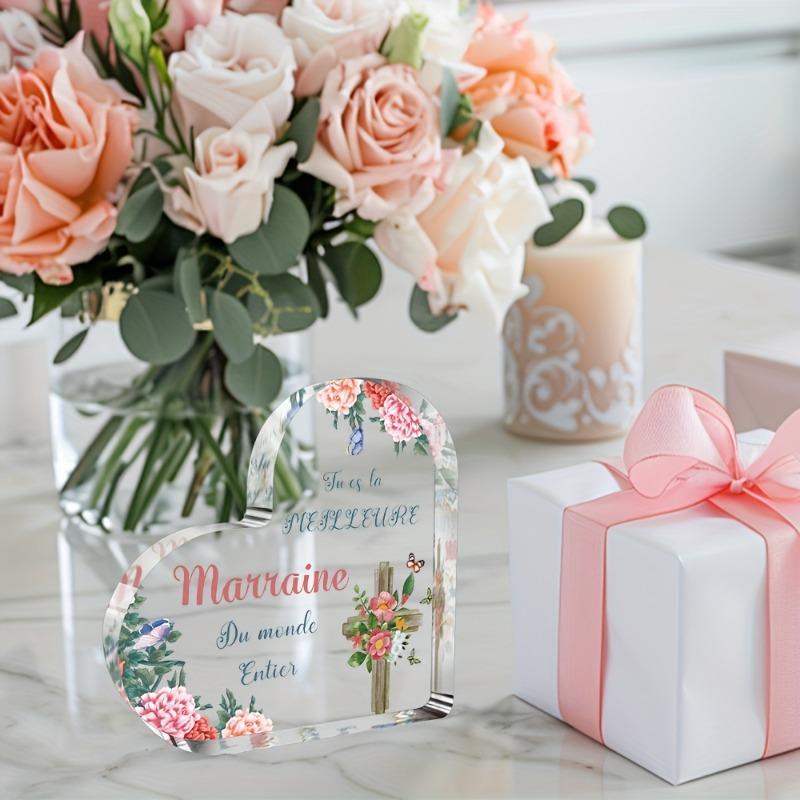 2D Flat "Tu Es La MEILLEURE Marraine Du Monde Entier" Heart-Shaped Acrylic Desk Decor Plaque, Floral & Cross Design, Suitable for wall decoration, por