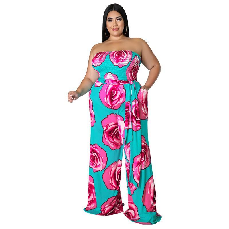 MY900 Plus Size Womens Sleeveless Knit Jumpsuit With Floral Print Rose Red Blue Breathable Milk Silk Fabric Straight Leg 2025 Collection