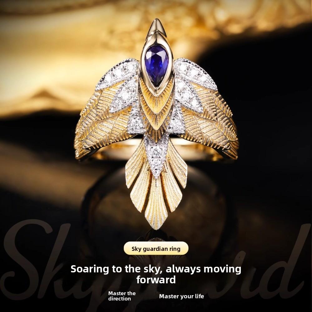 Защитник-Орел Открытое Кольцо Каплевидной огранки Синий Шпинель Высокоуглеродный Алмаз Двухцветное Золото Резное Унисекс Украшение Adjustable