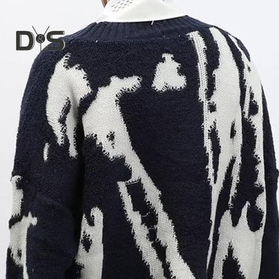 Men Cardigan Sweater Retro American Style V Neck Loose Single-breasted Contrast Color Knitted Sweater Coat Hip Hop Style Streetwear Jacket