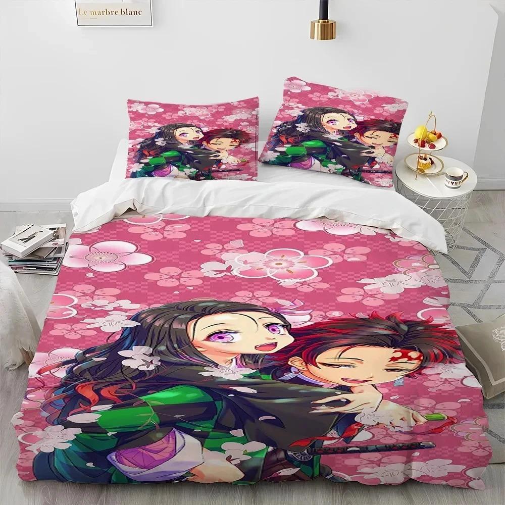 Demon Slayer Bedding Set Kamado Nezuko Duvet Cover Pillowcase King Queen Full Single Size Boys Teen Gift Anime Bed Linen
