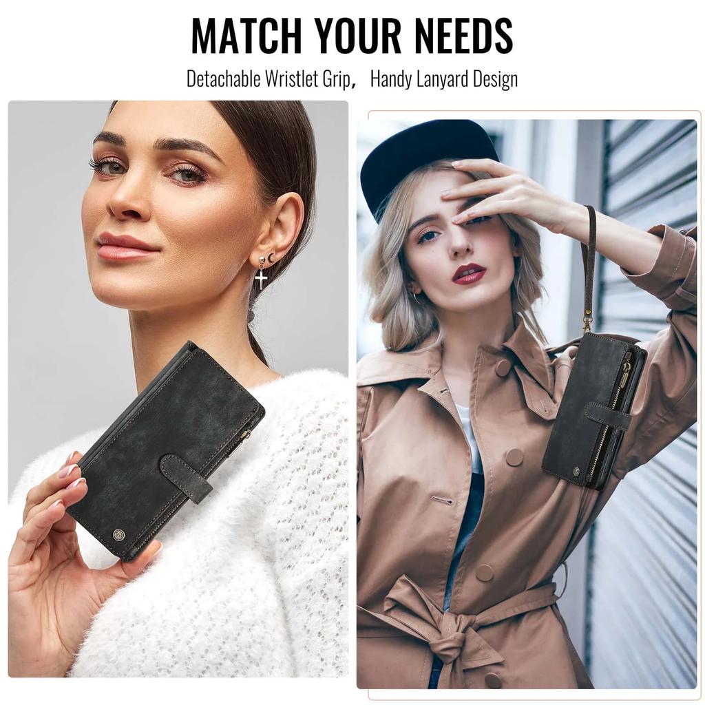 For Samsung Galaxy S24 FE Case, Wallet Case for Women Men, Durable PU Leather Magnetic Flip Strap Wristlet Zipper Card Holder
