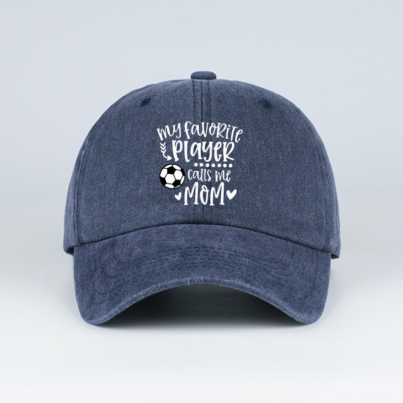 

My Favorite Player Calls Me Mom Soccer Print Washed Baseball Cap Adjustable Unisex Soccer Mom Sun Hat темно-синий