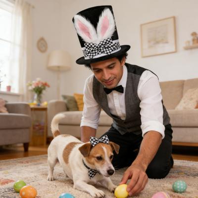 Easter Bunny Ear Top Hat for Women Men Adults Furry Rabbit Ear Hat with Checkered Bow for Halloween Party Costume Easter Cosplay Accessory