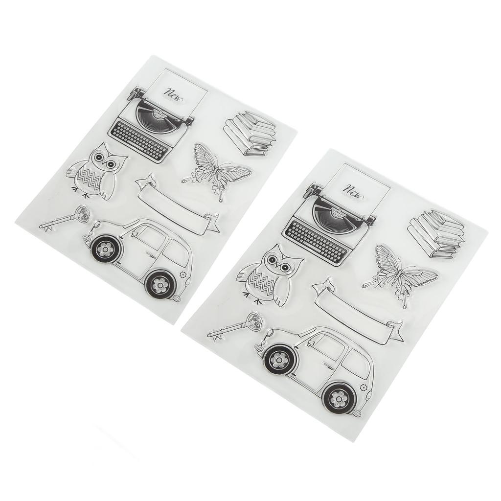 2Pcs Transparent Briefmarken Klar Impressum Schreibmaschine Auto Eule Muster Silikon Klar Briefmarken Dichtungen fo