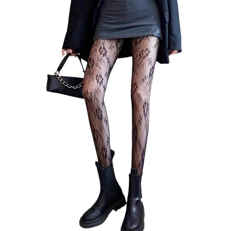 Sexy Black White Lolita Hollowed Lace Mesh Stockings Bottomed Pantyhose Japanese Goth Floral Rattan Stocking Hot Classic Tights