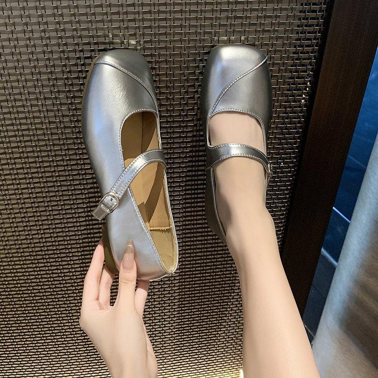 French Mary Jane with Skirt Single Shoes Women's 2025 Autumn New Silver Square Head Light Mouth Flat Bottom Gentle Small Leather Shoes
