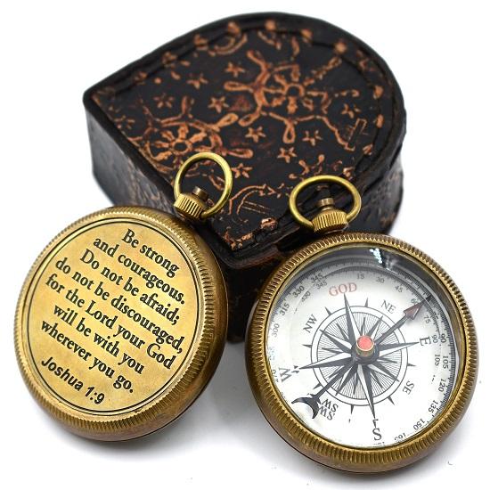 

Be Strong and Courageous Brass Compass with wooden Prayer Compass Religious Gift for Men Women Communion for Boys Gift