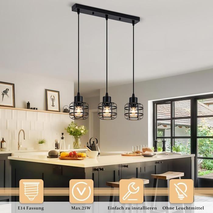 Suspension - NETTLIFE - 3-light E14 Pendant Light - Black Metal - Height Adjustable