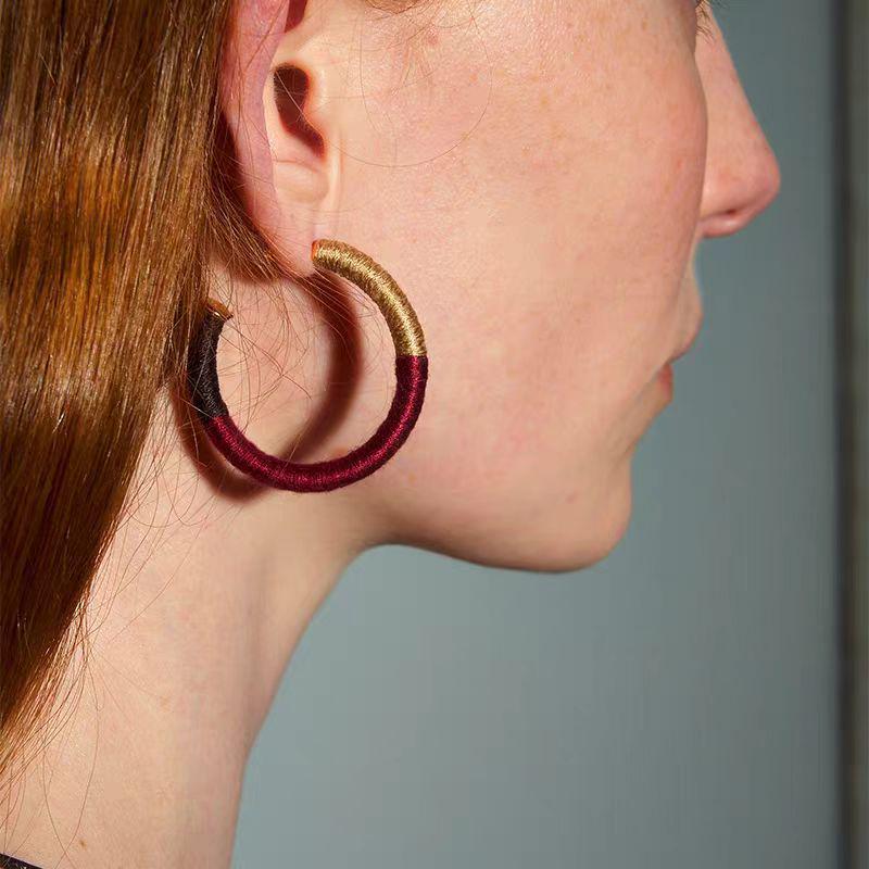 Retro Three-Color Wool Thread Hoop Earrings - Stylish, Versatile, Light Luxury Design for Women