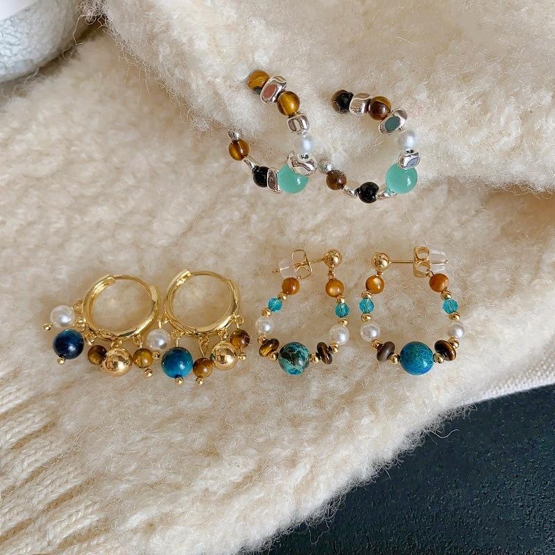 Vintage Colorful Round Beaded Hoop Earrings for Women Ladies Ethnic Style Stones Bead Pendant Earrings Party Jewelry Accessories