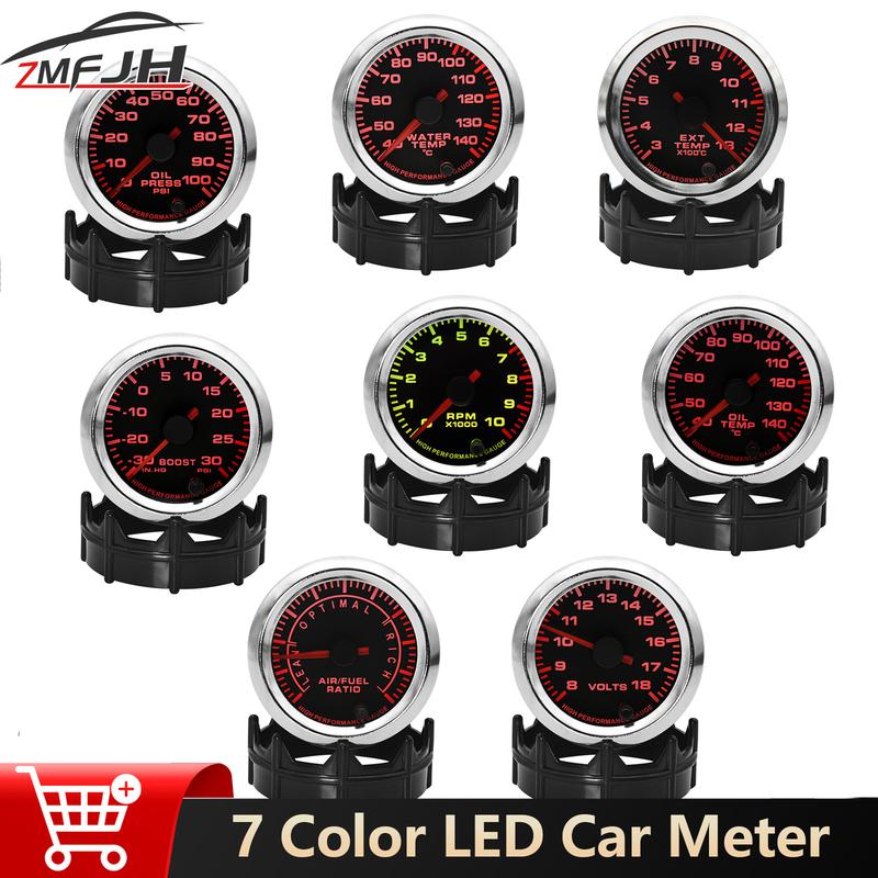 52mm Car Oil Press Meter RPM Boost Water Temp Oil Temp Air Fuel Ratio Voltage EXT Temp Meter 7 Color Backlight Gauge For 12V Car