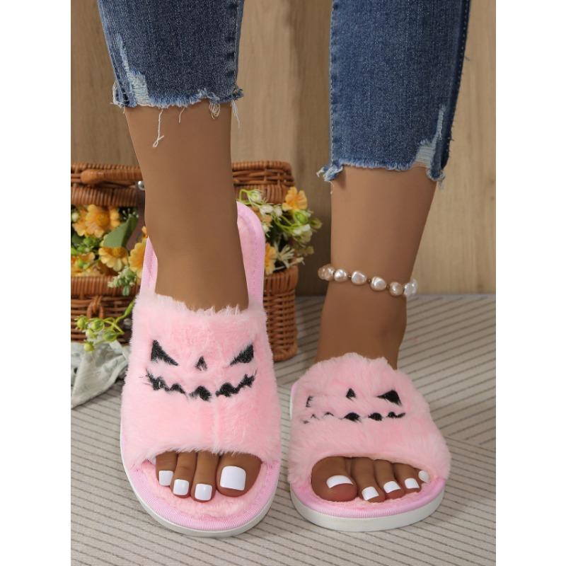 Women's Slippers Women's Halloween Jack-O-Lantern Slippers Soft Plush Comfortable Open Toe Wear Plush Slippers