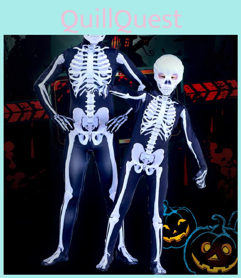 Unisex Parent-child Skeleton Man Costume Jumpsuit With Spooky Mask For Halloween Fun