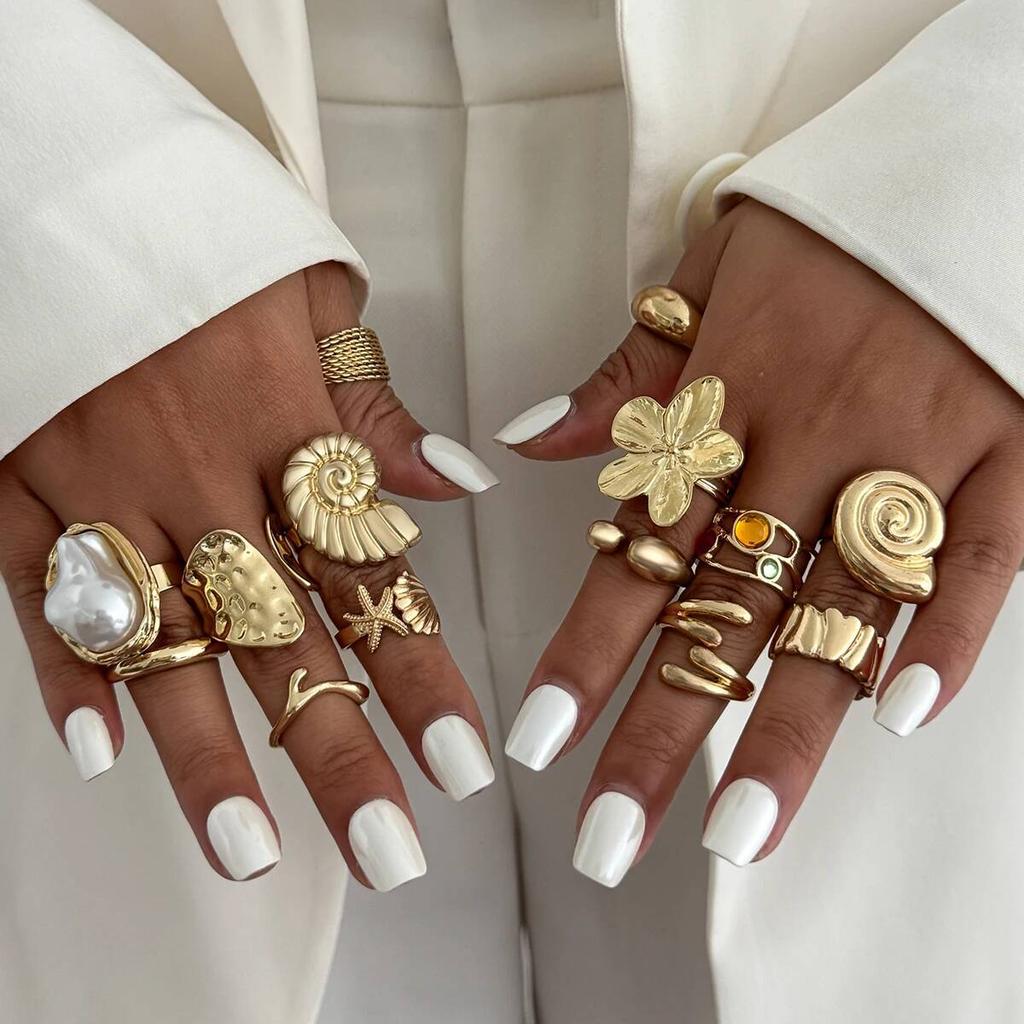 SHIXIN 14pcs/set Bohemian Conch Flower Open Ring for Women Fashion Imitation Pearl Rhinestone Knuckle Ring Set Vacation Jewelry