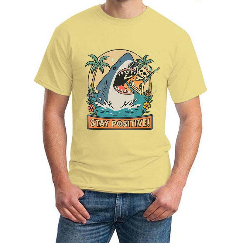 Stay Positive Shark Skeleton Funny T Shirts for Men New Design Fashion Summer Tops Positive Vibes Funny Skeleton T-shirt Women