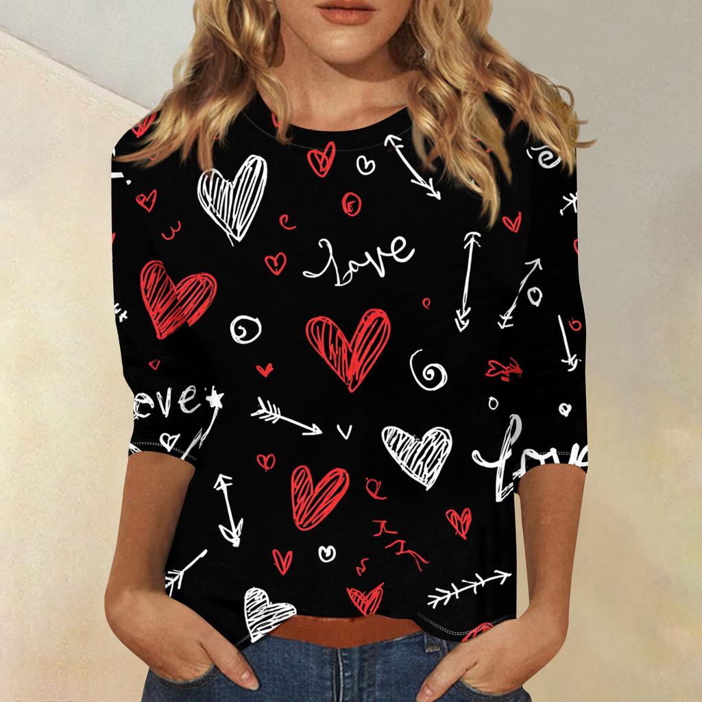 Women's Fashionable Casual Three,quarter Sleeve Heart,shaped Printed Round,neck Top