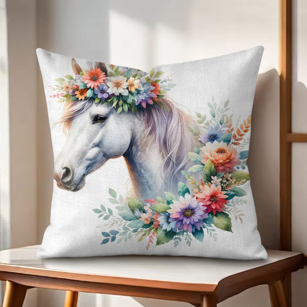 Watercolor Horse  Floral Cushion Cover Natural Linen Organic Fabric DoubleSided Printing Couch Pillow Covers Home Decor