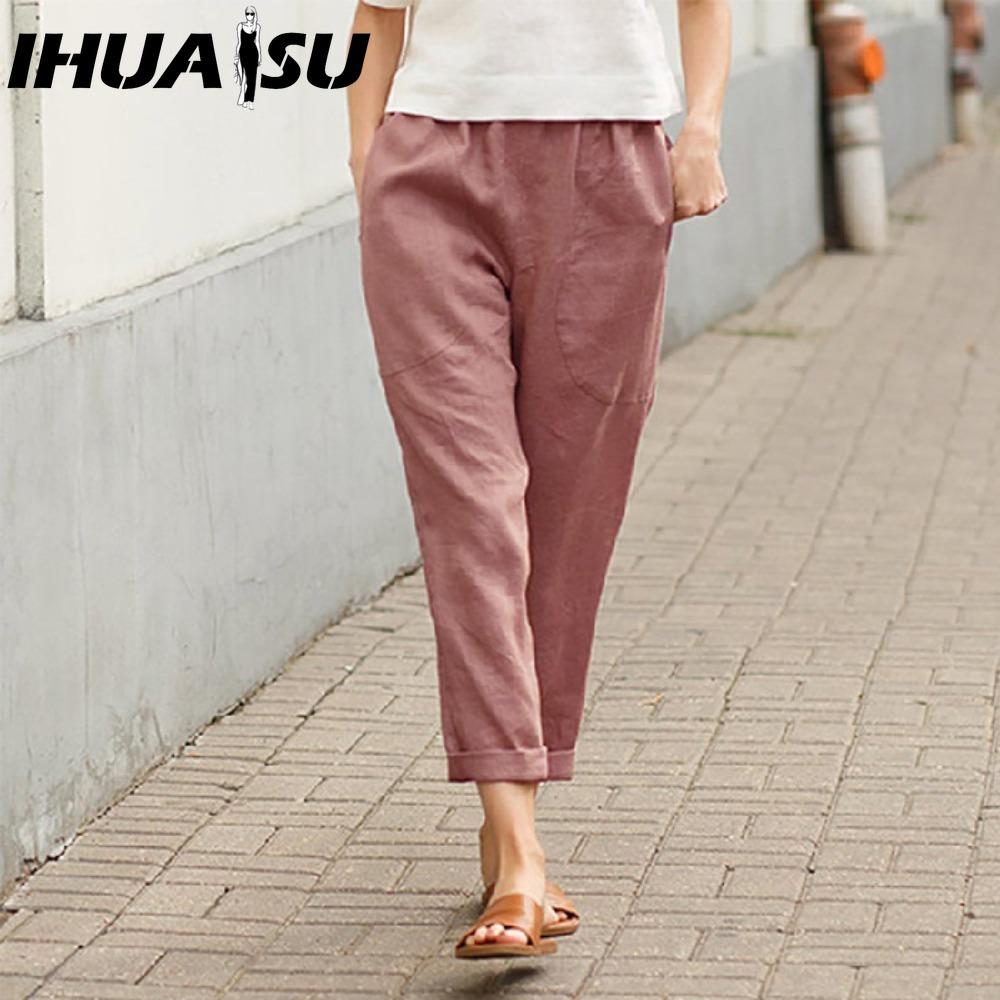 IHUASU Dámské letní jednobarevné kalhoty s dvojitou kapsou volné dlouhé kalhoty dámské bavlněné lněné kalhoty