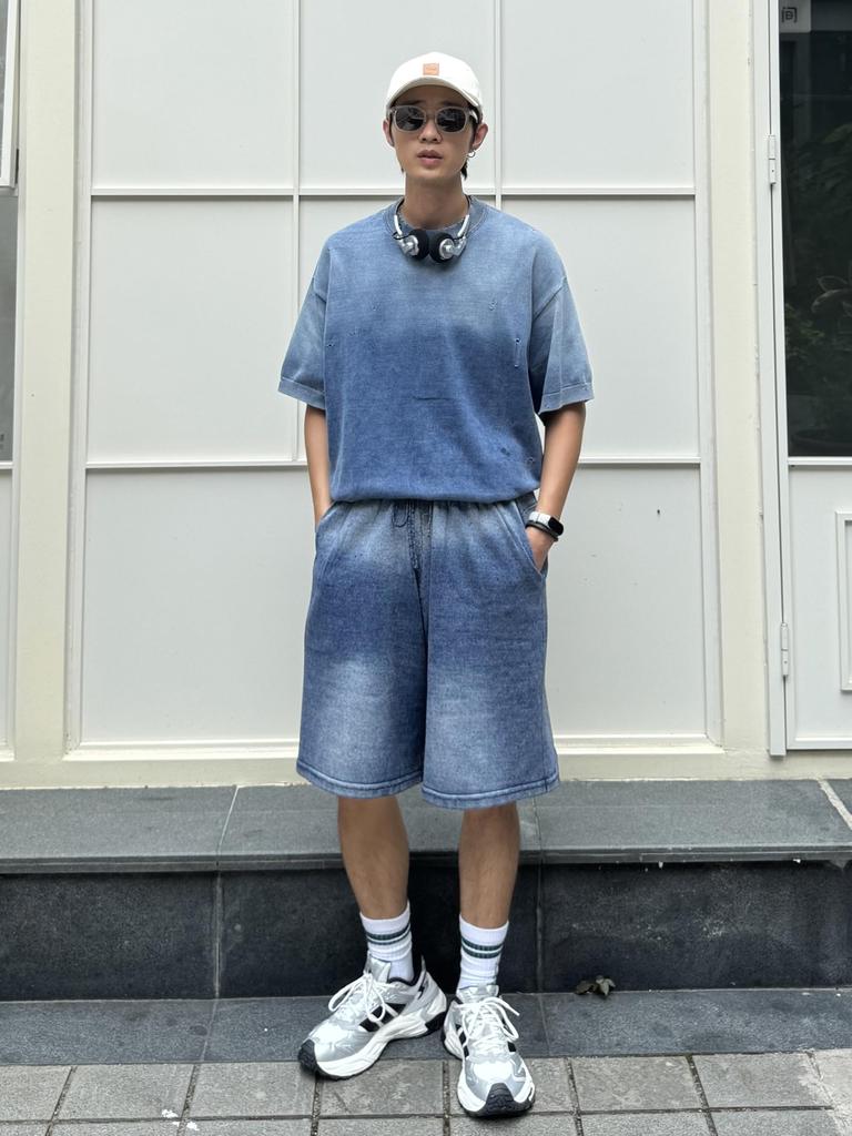 [CHANGE WELL] Men's 2025AW Faded Look Fashion Casual Autumn Clothing [Washed Finish] Big Silhouette Knit Half Pants (INDIGO, XL)