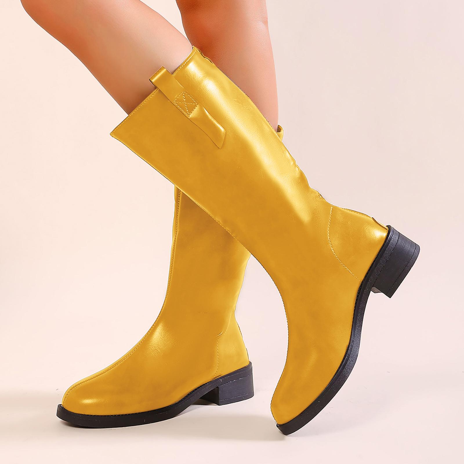 

Women s Square Heeled Round Toe Back Zip Fashion Boots Stylish Casual And Thigh High Boots with Belt for Women Wide Calf 36 жёлтый