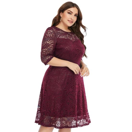 Women O-neck 3/4 Sleeve Dress High-Waist Hollow Lace Stitching Elegant Party Dress Plus Size Summer Casual Tunic Dress Streetwear