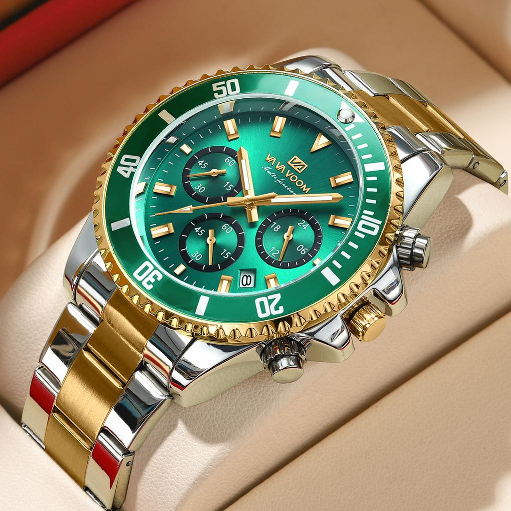 VA VA VOOM Multi-function Chronograph Three-eye Quartz Watch Waterproof Luminous Green Water Ghost Men's Watch