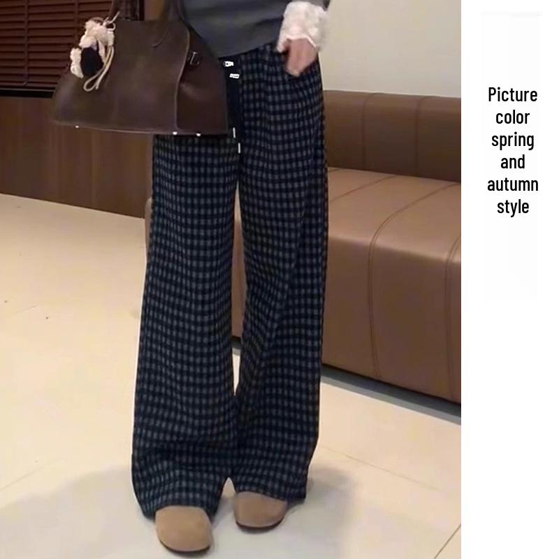 Retro Plaid Wide-Leg Maternity Wool Pants - Autumn/Winter Casual Thickened Brushed Cotton L