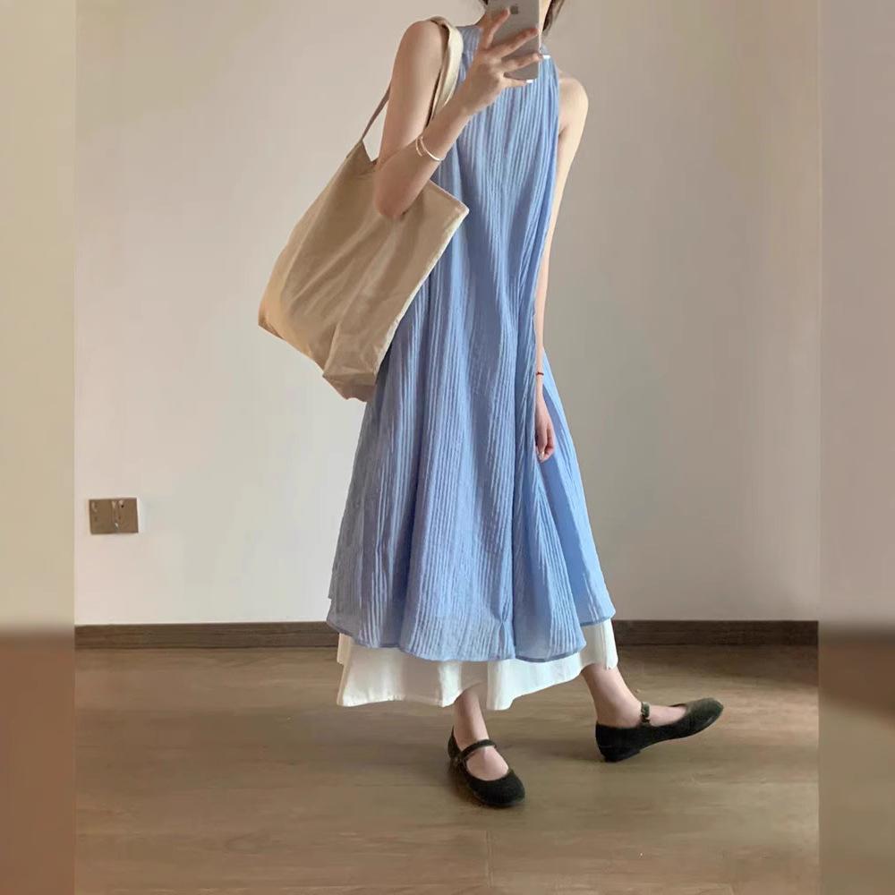

French striped texture fake two-piece dress women s summer new loose and thin pendant temperament long skirt S синий