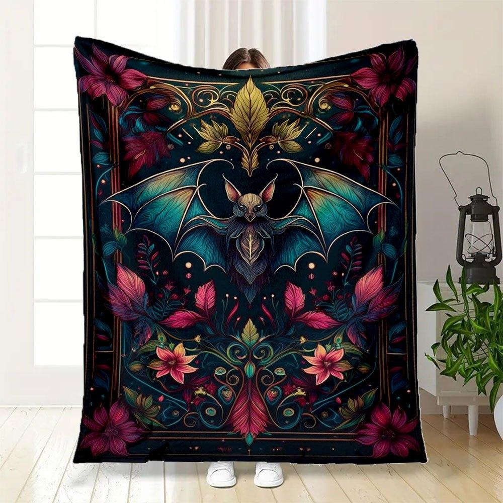 "Bat & Floral Fantasy: Artistic Wall Decor"Blanket Flannel Throw Blanket for Sofa, Bed, Travel, Camping, Office, Couch, Chair, And Bed Gift