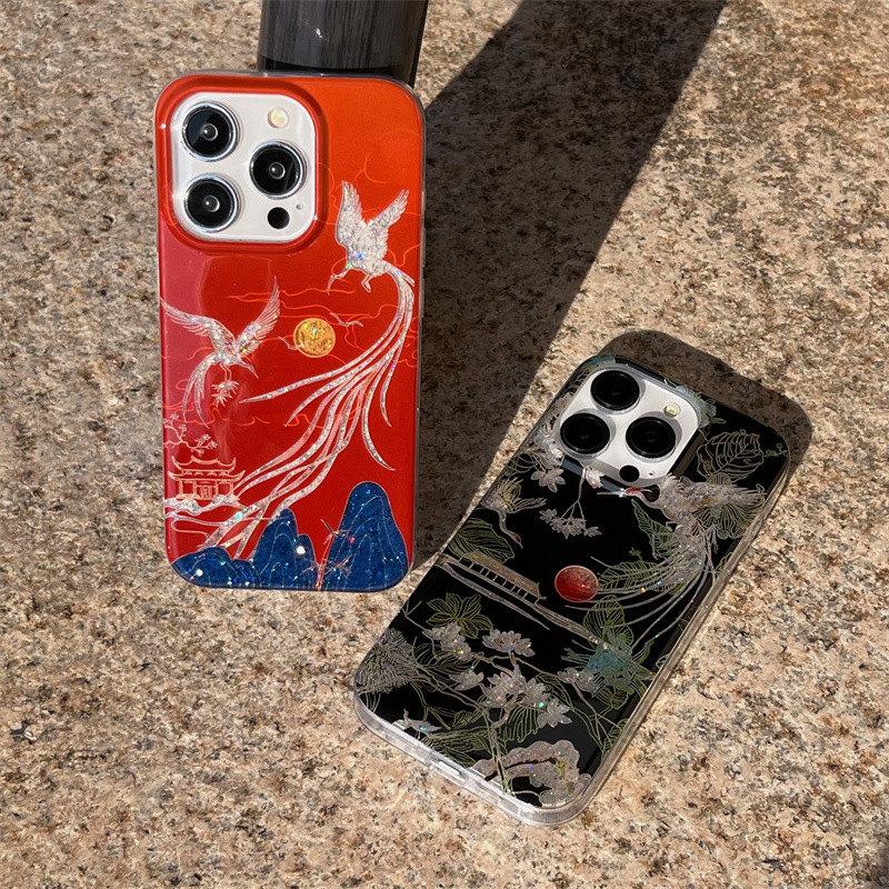 Husă de Telefon cu Sclipici Strălucitor Stil Chinezesc Peisaj Macarale Pentru iPhone 13 14 15 16 Pro Max Husă Moale