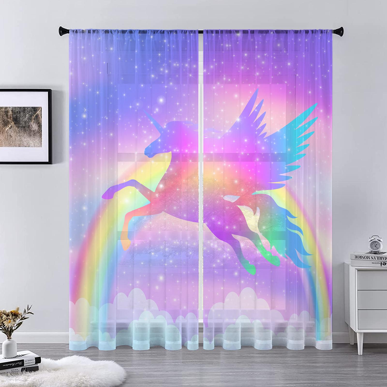 

Тюлевая занавеска с мультяшным единорогом для гостиной, спальни, декор, звездная, цветочная, Радуга, прозрачные шторы для комнаты, кухни, обработка окна 1 PCS W200XH250cm&Grommet Top