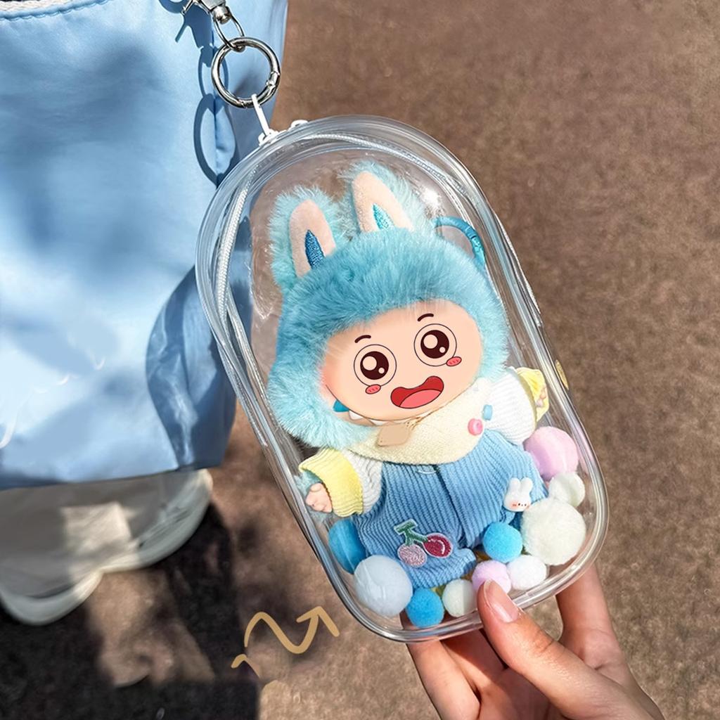 Colorful Transparent Protector Case Organizer Box for 17cm Labubu V3 Dolls Outdoor Display Bag With Keychain Doll Accessories