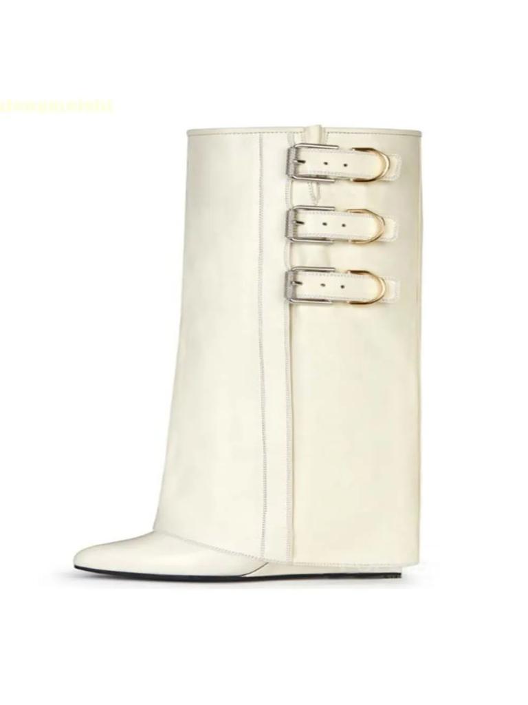 Black/white/red Leather Mid-Calf/knee-High Boots 2025 New Wedges Shark Boots Metal Belt Buckle Latest Catwalk Boots