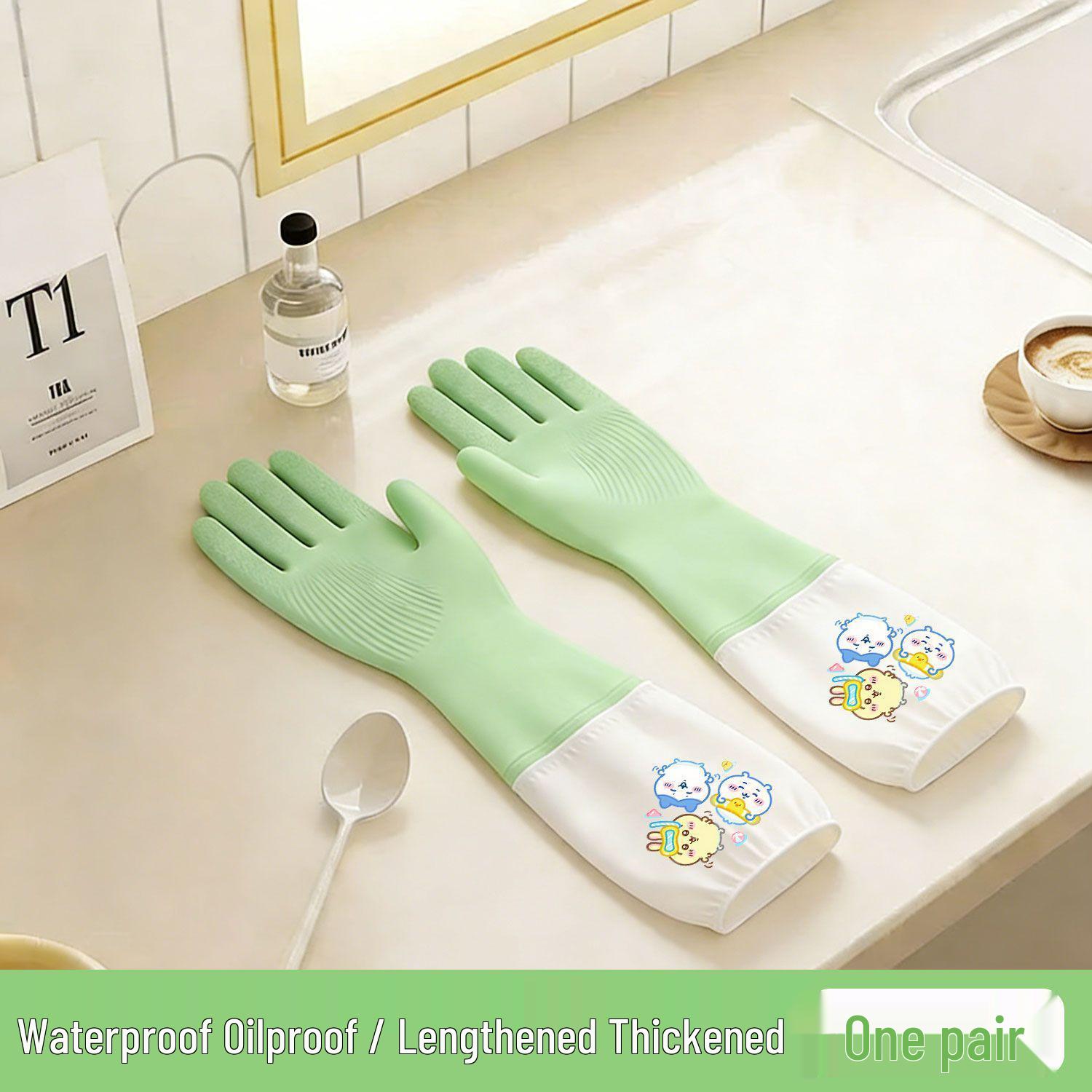 Cute Cartoon Waterproof Kitchen Gloves - Extended Cuff, Skin-Friendly, Thickened Rubber for Cleaning One Size